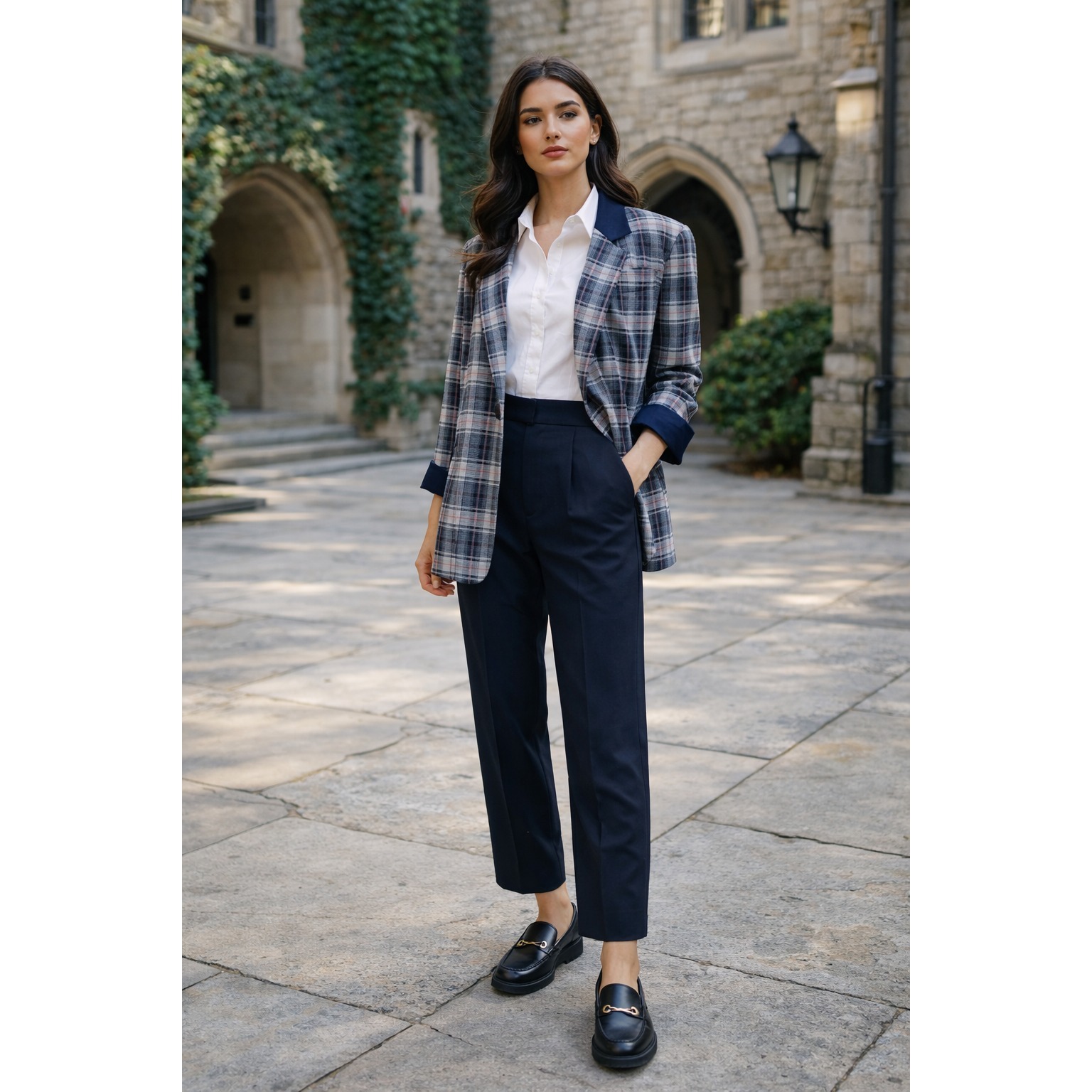 Tahari Navy Gray Plaid Blazer Jacket Womens 16 Academia Preppy Career Lined